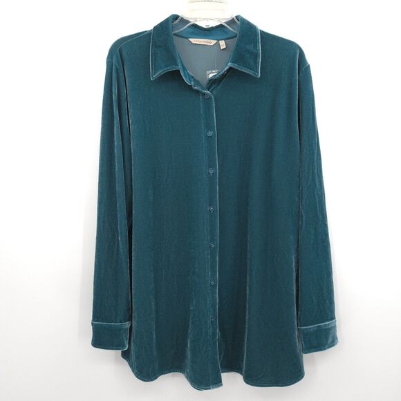 Soft Surroundings NWT velvet boyfriend button down tunic top Size L teal stretch - Picture 1 of 8